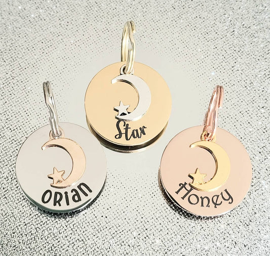 Moon and star pet ID tag with Silver, gold or rose gold charm.