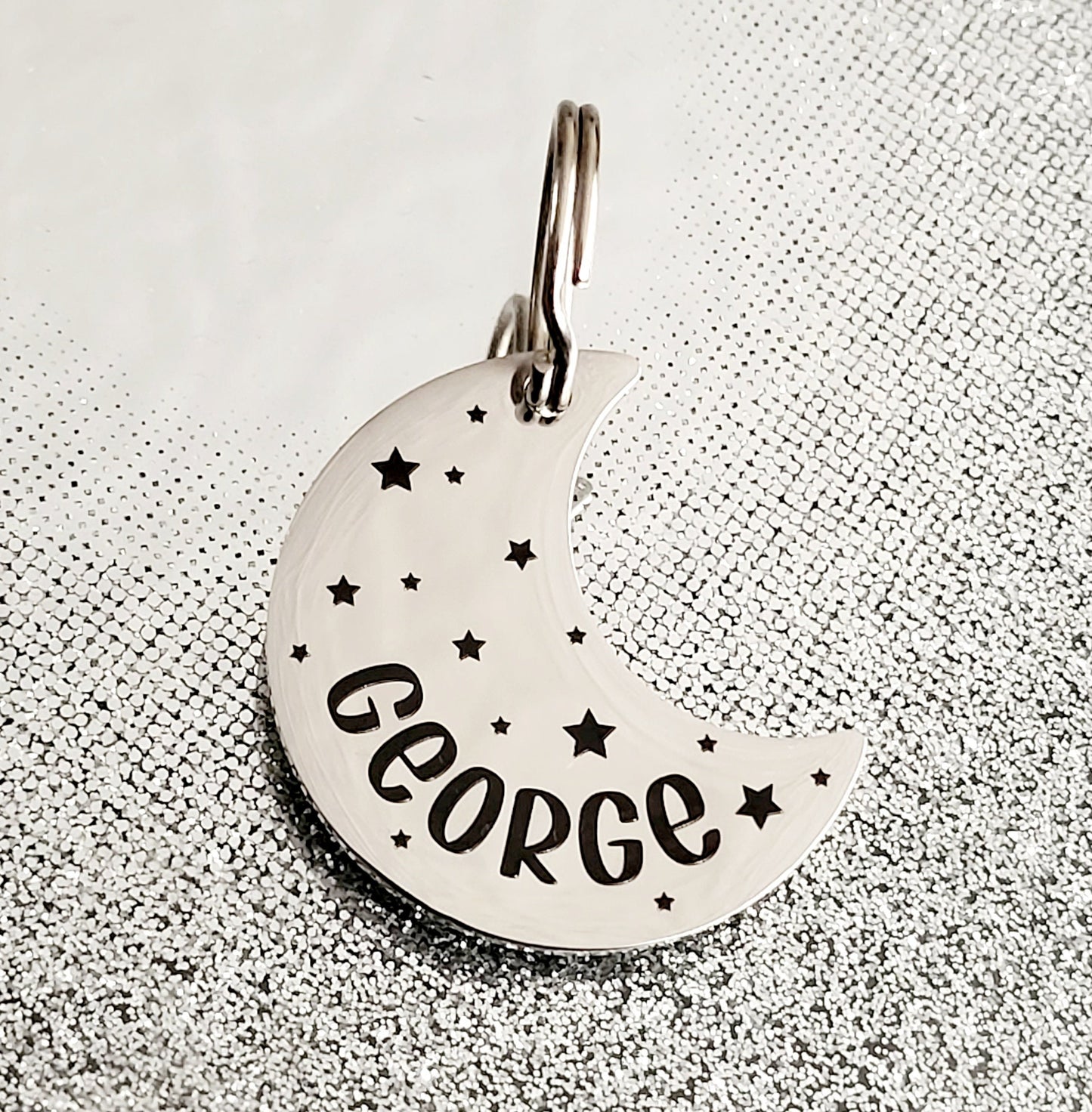 30mm Moon shape Pet ID tag. ID information on the back. Laser engraved.