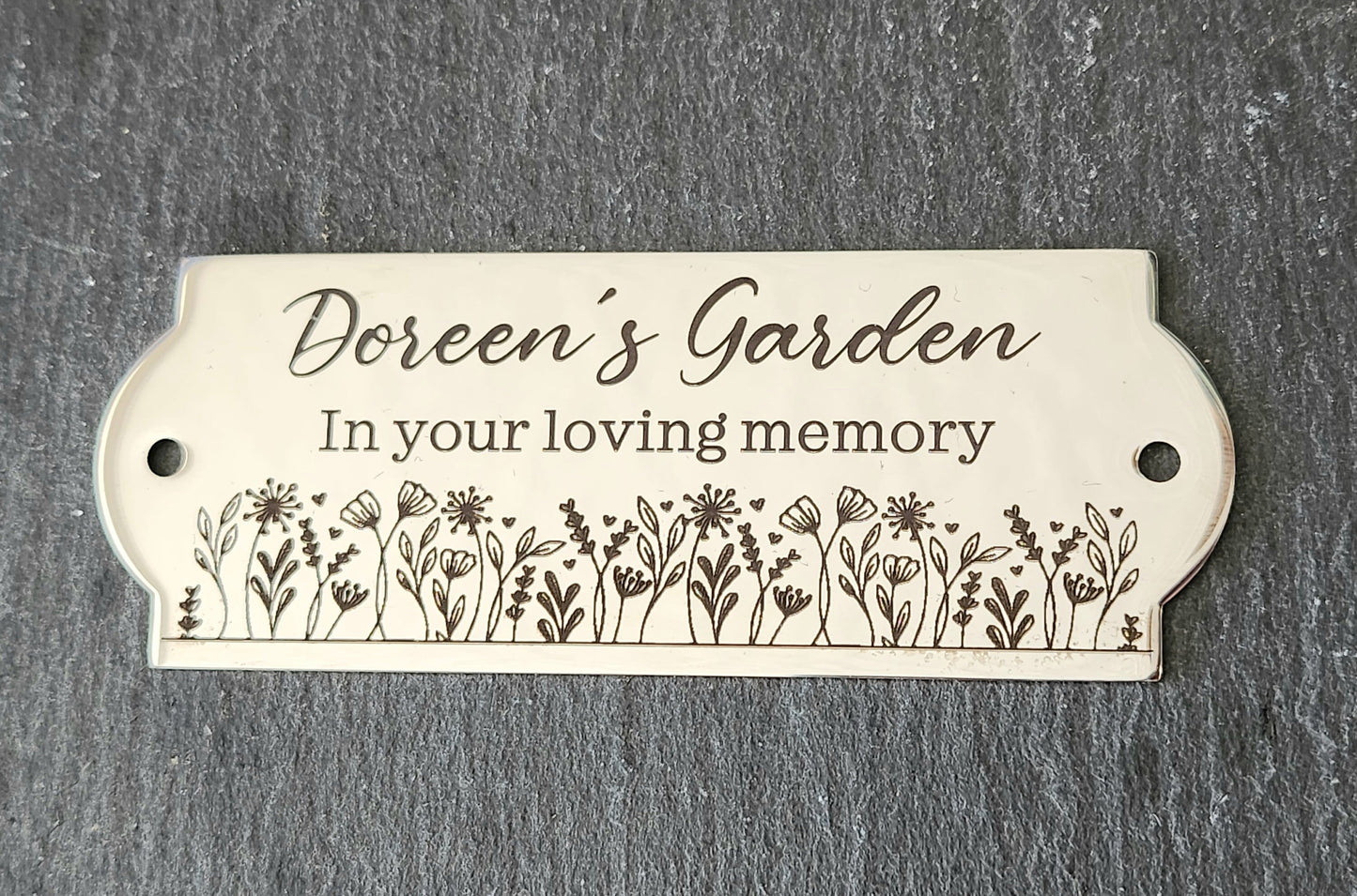 Bench / memorial / gate / door plaque with custom engraved design. 12x8cm, 10x6cm or 8x3cm. 304 Steel.