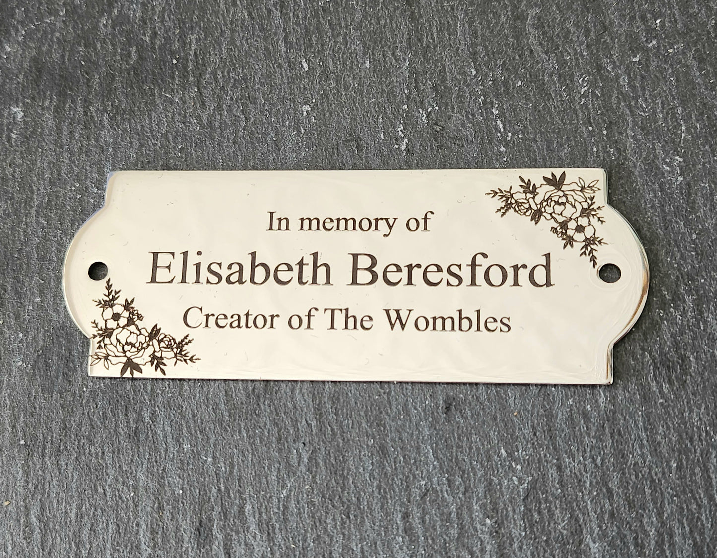 Bench / memorial / gate / door plaque with custom engraved design. 10x6cm or 8x3cm. 304 Steel.
