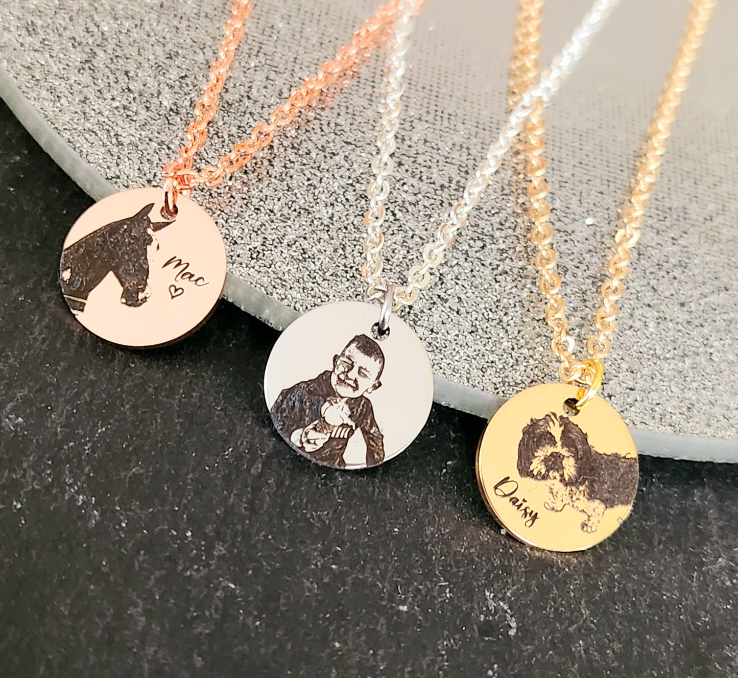 Laser Engraved photo 15mm pendant and necklace with gift box. Engraved from any clear image. Silver,  Rose Gold or Gold.