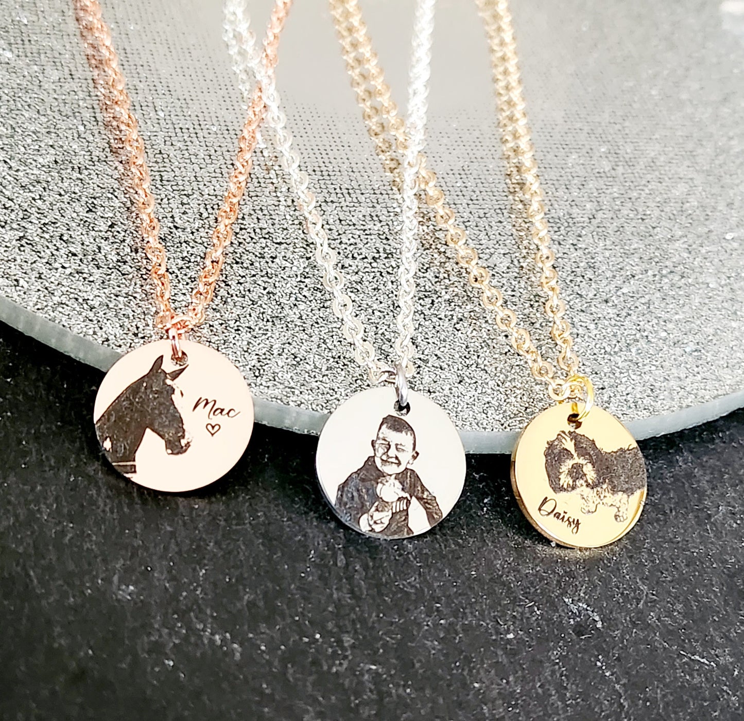 Laser Engraved photo 15mm pendant and necklace with gift box. Engraved from any clear image. Silver,  Rose Gold or Gold.