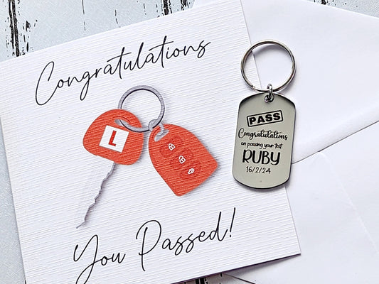 Passed Driving Test Keyring. Customised text With optional message on the back. Includes Congratulations card.