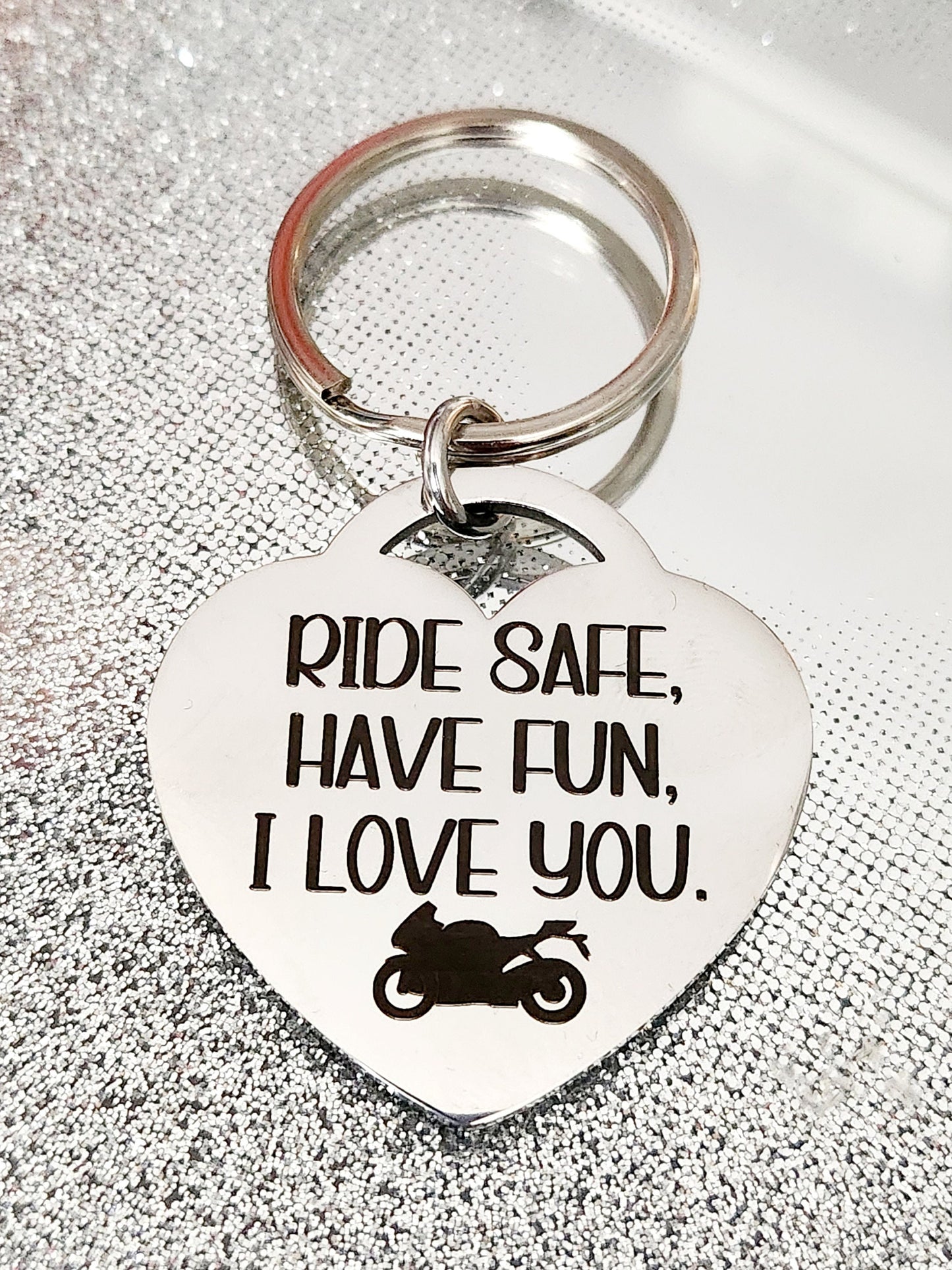 Motorbike themed, Ride safe custom keyring.