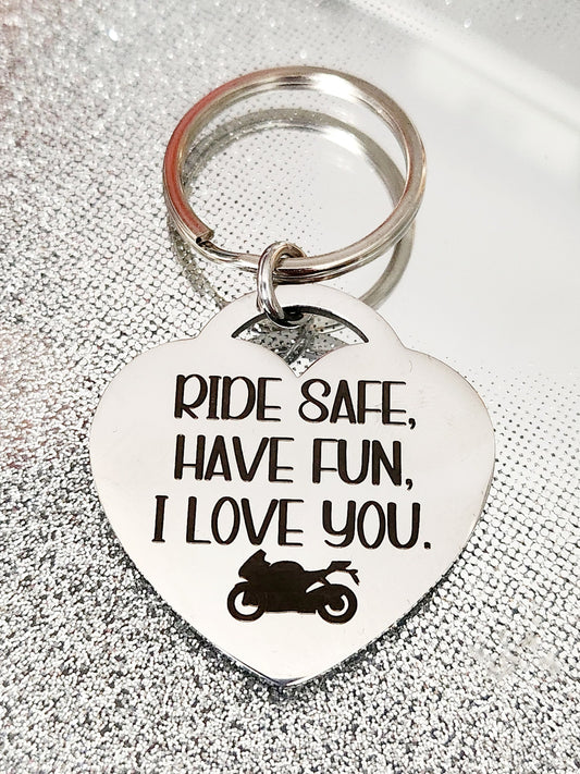 Motorbike themed, Ride safe custom keyring.