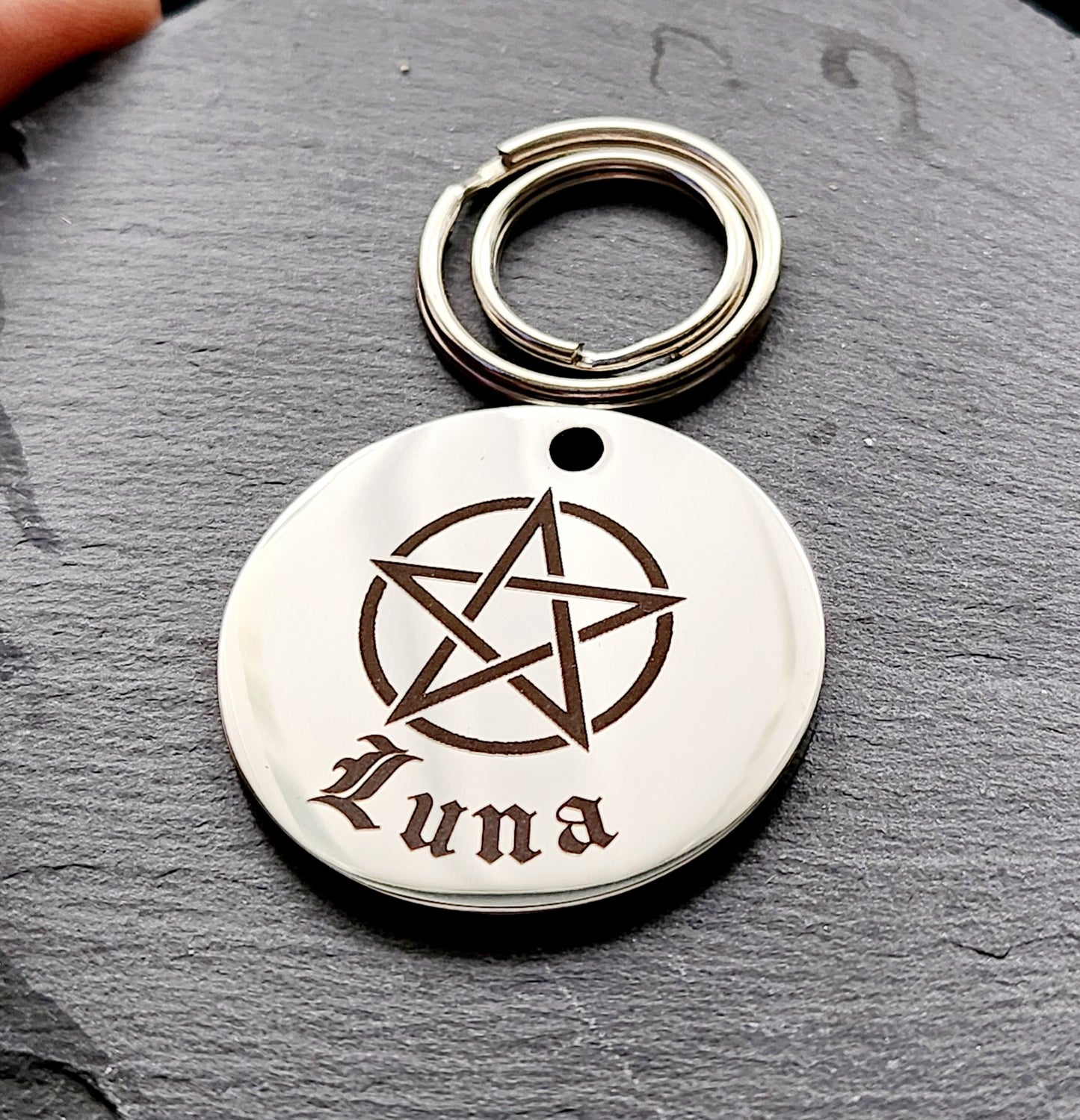 Witchcraft familiar with pentagram design. Available in silver, gold, rose gold or black stainless Steel