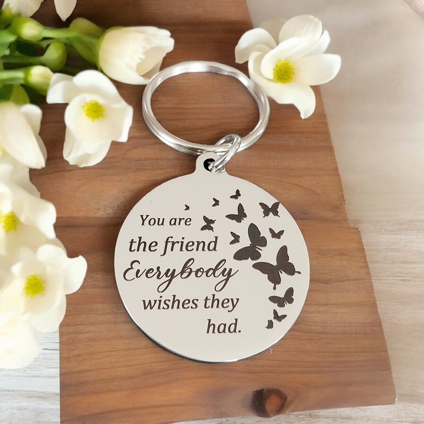 Butterfly design friendship keyring, with personalised message on the back. High Quality stainless steel.