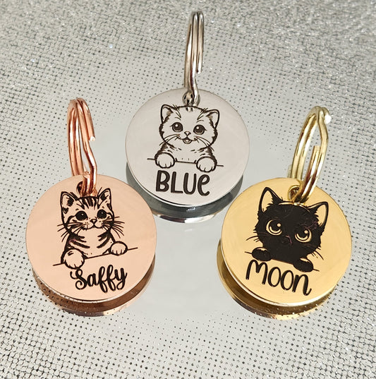 Tiny CUTE 20mm or 25mm cat kitten ID tags laser engraved,  stainless steel available in silver, gold and rose gold. Most breeds available.