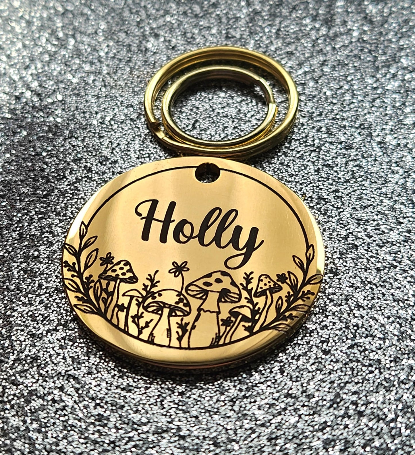 Luxury mushroom design pet ID tag, dog tag, collar tag, cat tag, various colours, engraved