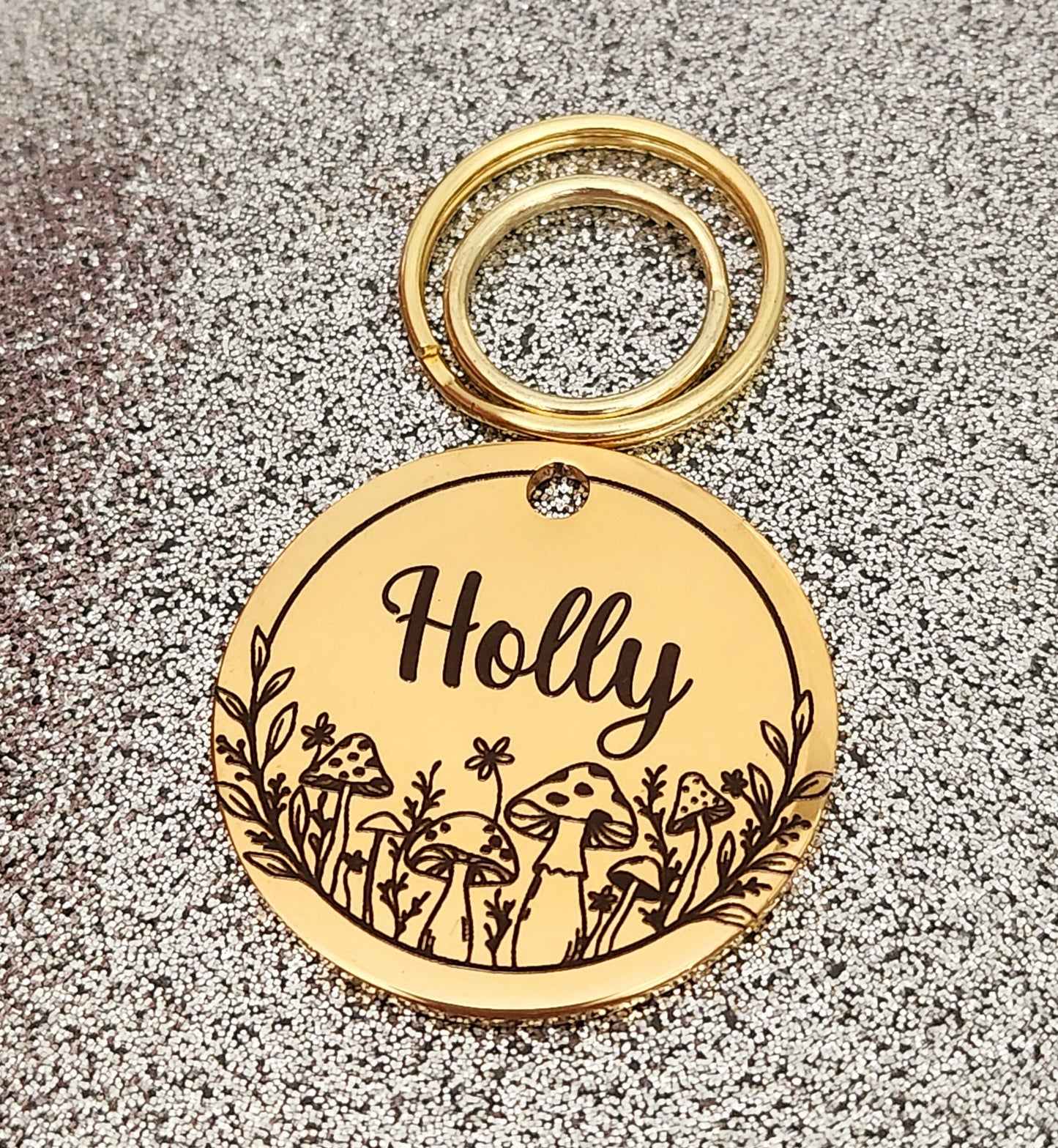 Luxury mushroom design pet ID tag, dog tag, collar tag, cat tag, various colours, engraved