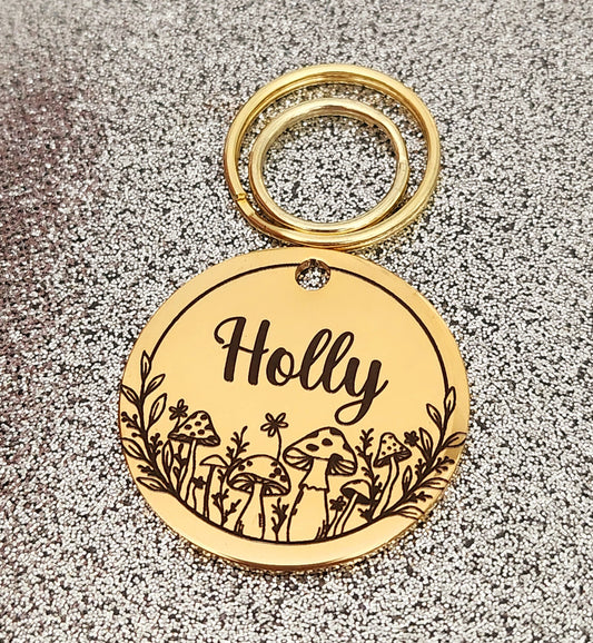 Luxury mushroom design pet ID tag, dog tag, collar tag, cat tag, various colours, engraved