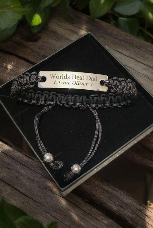 Personalised Unisex Bracelet – Custom Engraved Adjustable Cord Bracelet, Stainless Steel Plate, Gift for Him or Her, Matching Couples gift