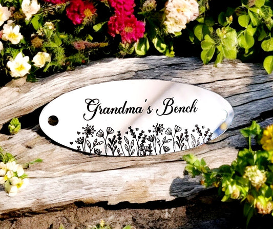 Grandma's Bench. Bench / memorial / gate / door plaque with custom engraved design.  8x3cm. Stainless Steel mirror or brushed.