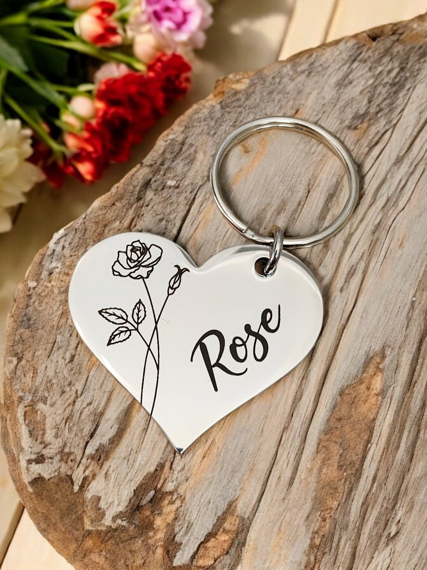 Birth flower keyring, with personalised message. ROSE, other flowers available.