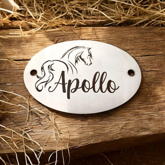 Stable door plaque with custom engraved design. 304 Steel mirror or brushed finish. 12x8cm 1mm thickness.