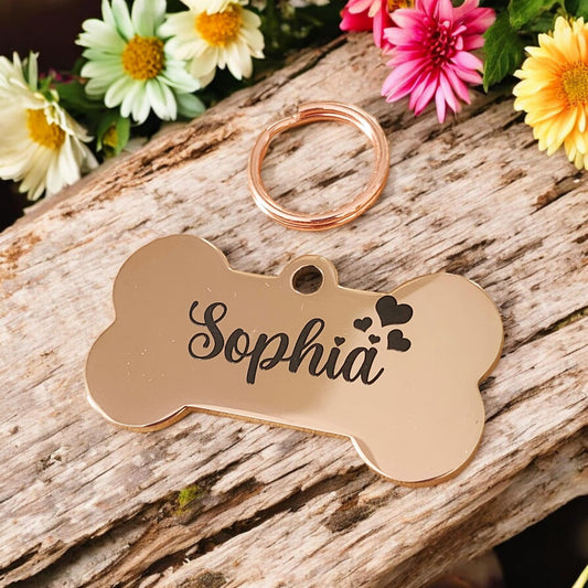 Heart design bone pet tags laser engraved, available in silver, gold and rose gold.
