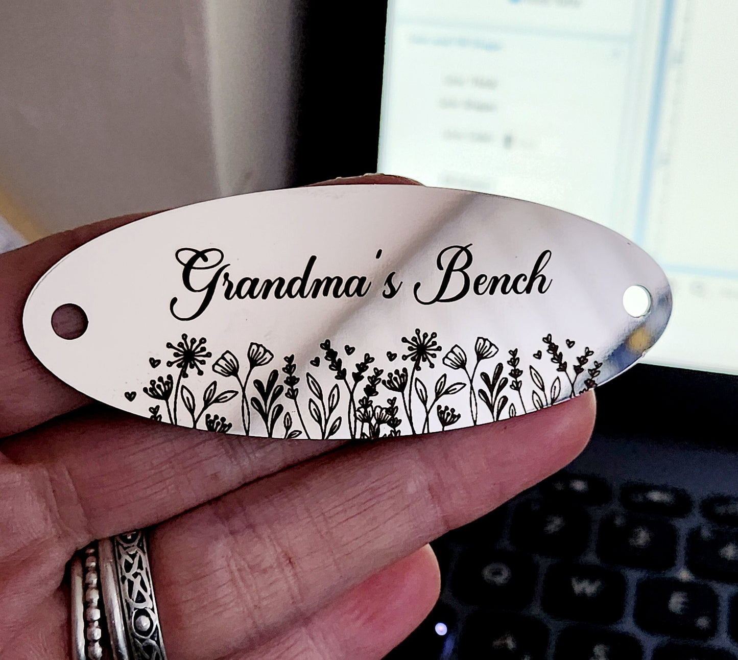 Grandma's Bench. Bench / memorial / gate / door plaque with custom engraved design.  8x3cm. Stainless Steel mirror or brushed.