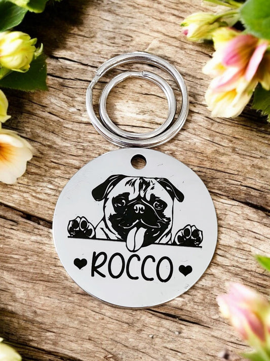 PUG Dog heads personalised ID tags laser engraved,  stainless steel available in silver, gold and rose gold