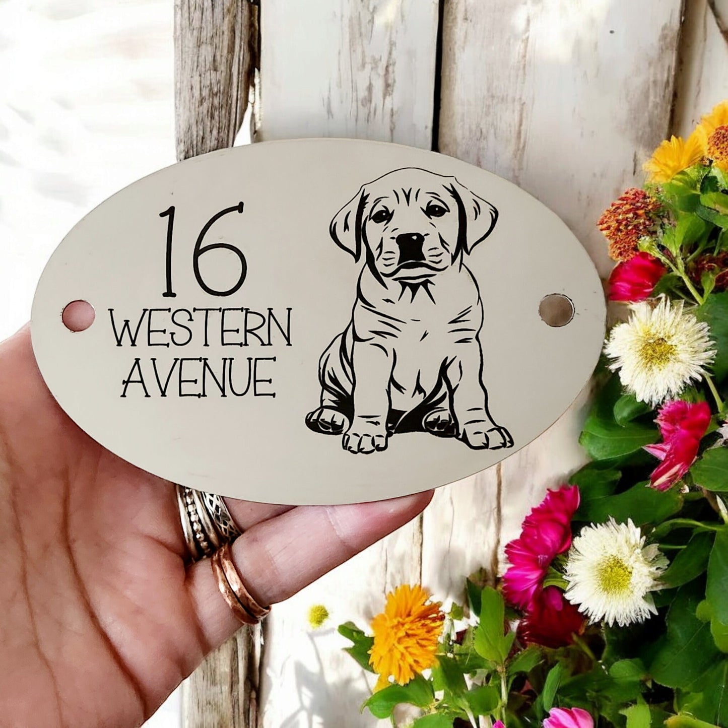 Door plaque / Wall / bench plaque with custom engraved design. 304 Steel mirror or brushed finish. 12x8cm 1mm thickness.