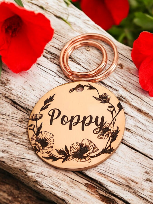 POPPY pet ID tag, with poppy wild flower border design. Silver, Gold, ARose Gold  stainless Steel. Dog tag| cat