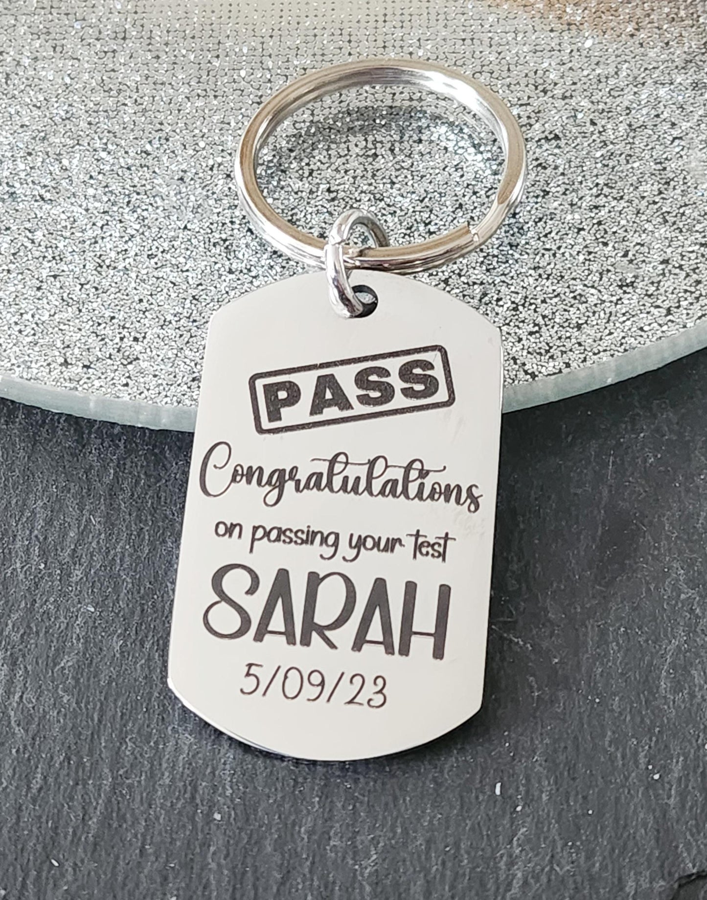 Passed Driving Test Keyring. Customised text With optional message on the back. Includes Congratulations card.