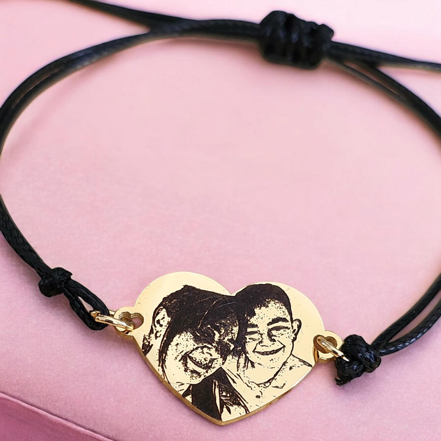 Personalised Photo Heart Bracelet – Adjustable Waxed Cord | Stainless Steel Silver, Gold or Rose Gold| Engraved Paw, Nose, Hand or Footprint