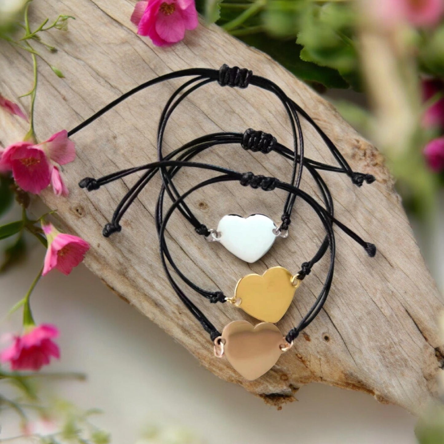 Personalised Photo Heart Bracelet – Adjustable Waxed Cord | Stainless Steel Silver, Gold or Rose Gold| Engraved Paw, Nose, Hand or Footprint