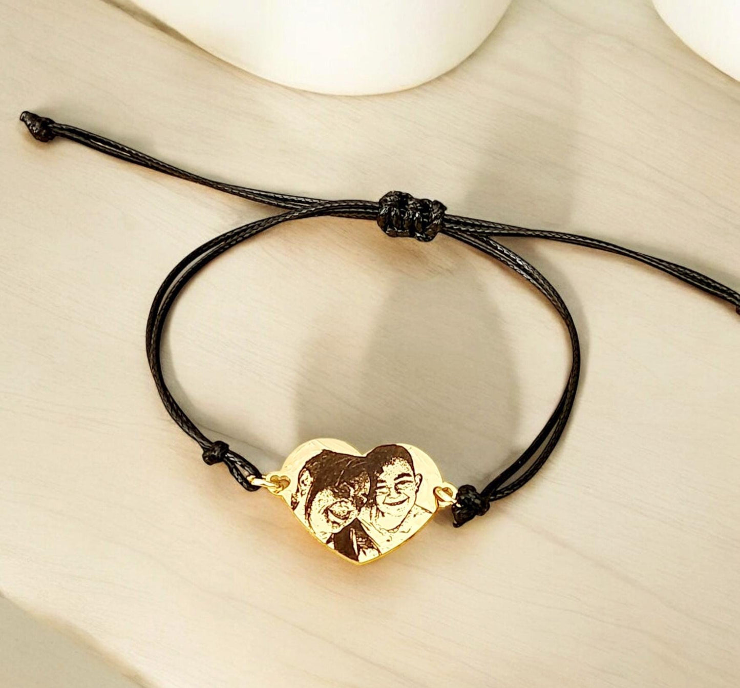 Personalised Photo Heart Bracelet – Adjustable Waxed Cord | Stainless Steel Silver, Gold or Rose Gold| Engraved Paw, Nose, Hand or Footprint
