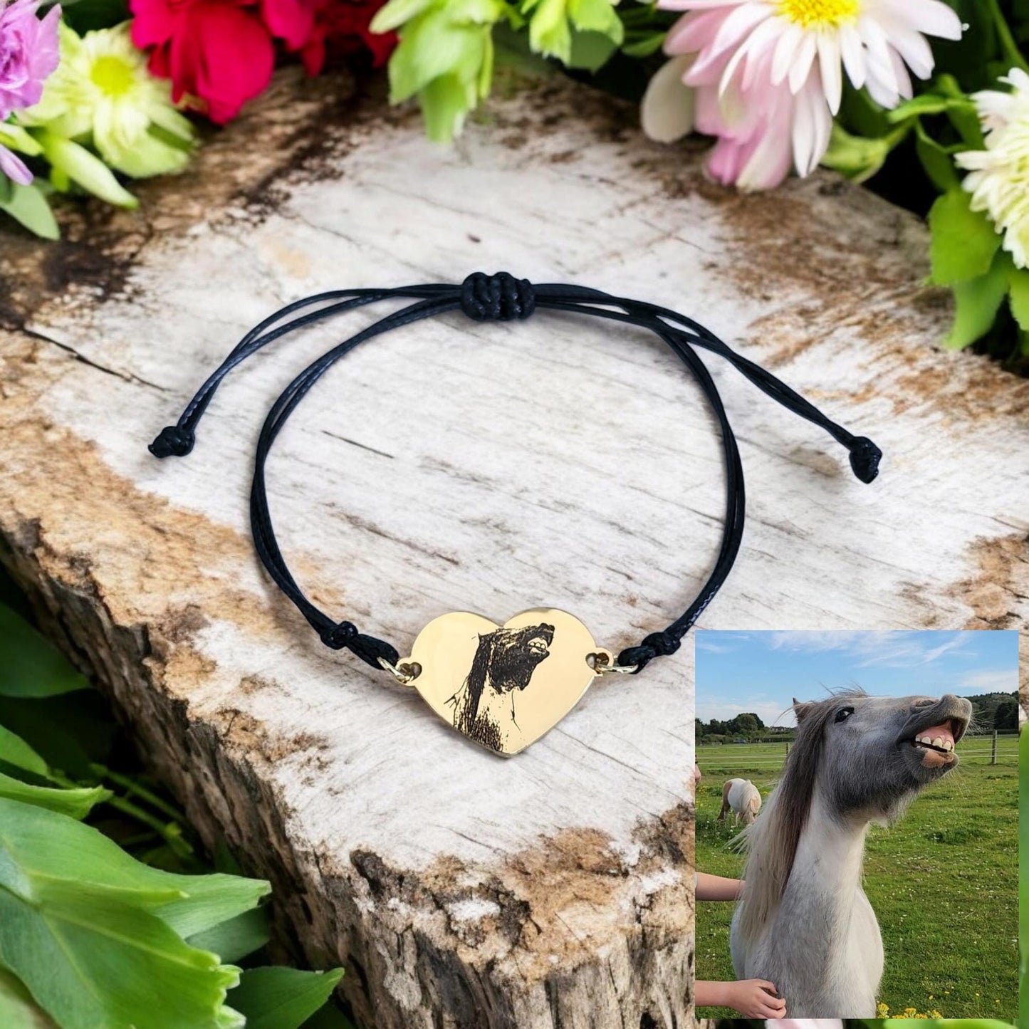 Personalised Photo Heart Bracelet – Adjustable Waxed Cord | Stainless Steel Silver, Gold or Rose Gold| Engraved Paw, Nose, Hand or Footprint
