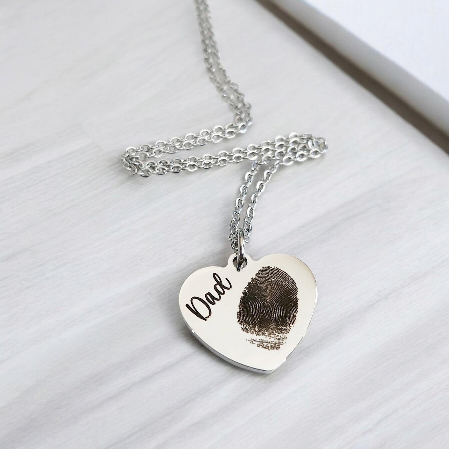Laser Engraved finger print or photo 20mm pendant and necklace with gift box. Engraved from any clear image. Silver, Rose Gold or Gold.
