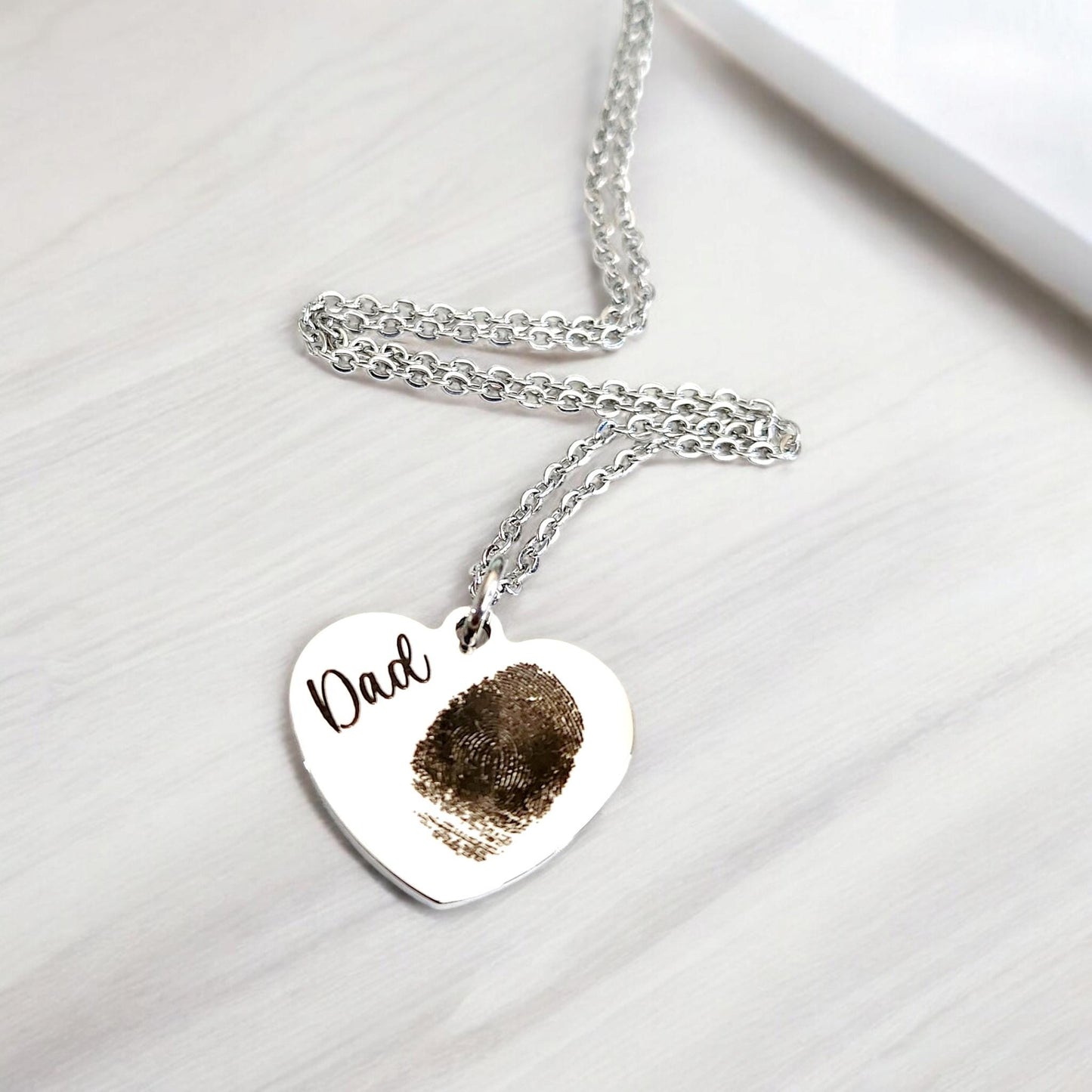 Laser Engraved finger print or photo 20mm pendant and necklace with gift box. Engraved from any clear image. Silver, Rose Gold or Gold.