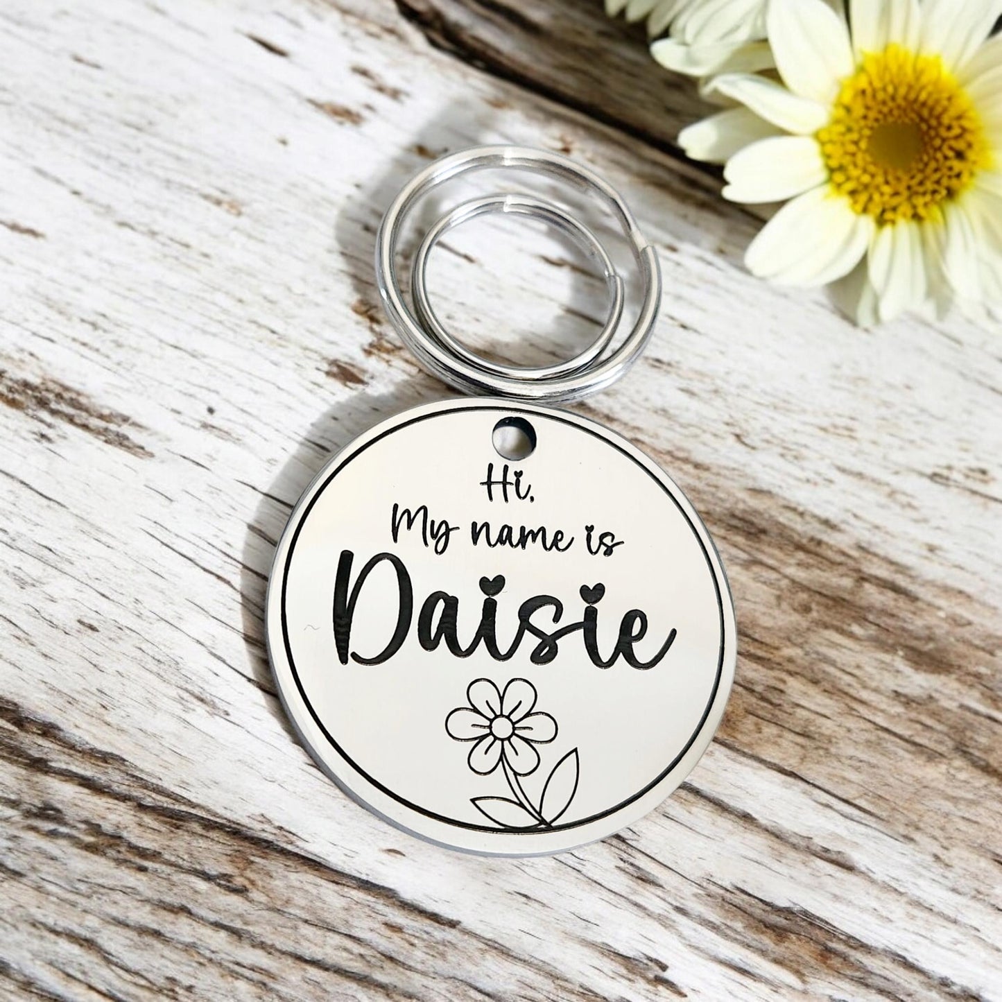 Daisy design ROUND pet ID tag, dog tag, collar tag, cat tag, various colours, engraved