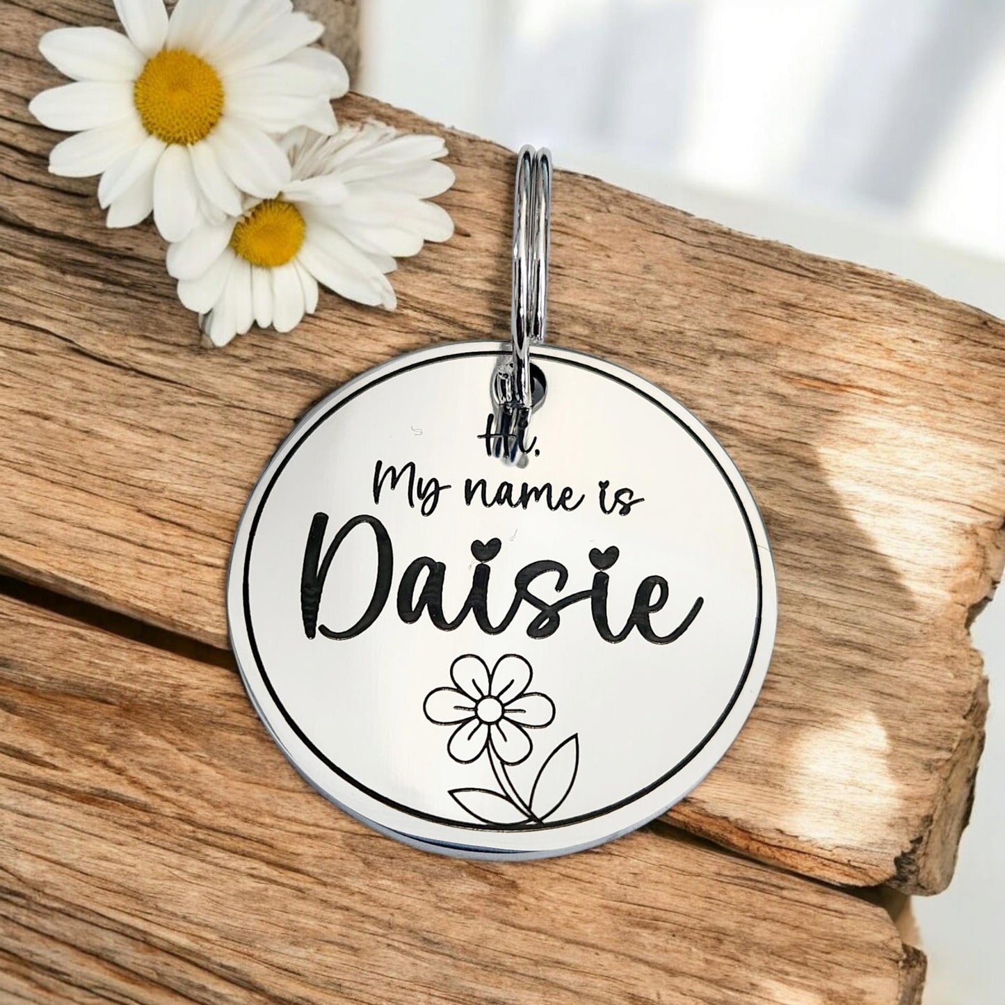 Daisy design ROUND pet ID tag, dog tag, collar tag, cat tag, various colours, engraved