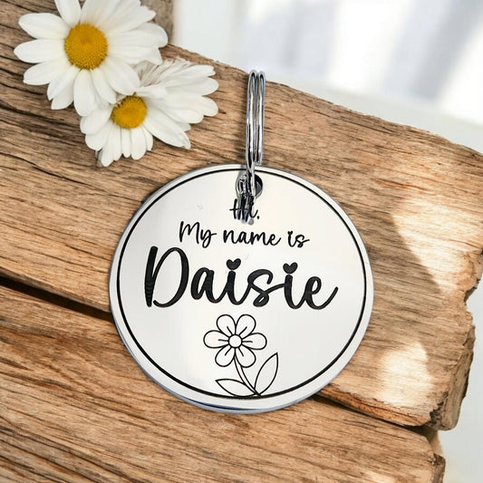 Daisy design ROUND pet ID tag, dog tag, collar tag, cat tag, various colours, engraved