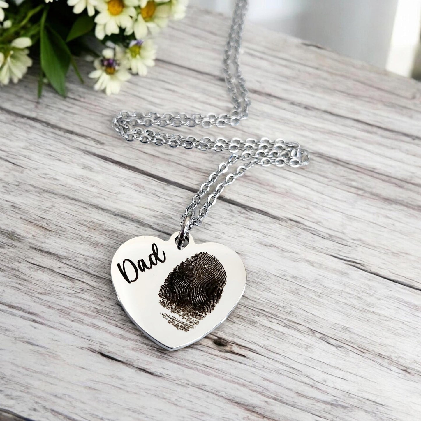 Laser Engraved finger print or photo 20mm pendant and necklace with gift box. Engraved from any clear image. Silver, Rose Gold or Gold.