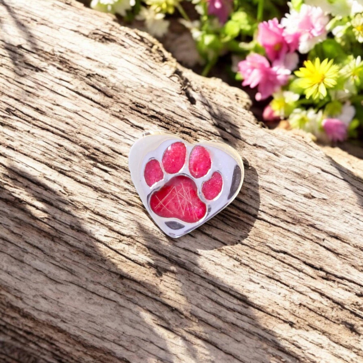 Cremation Ashes or Hair memorial paw charm to fit snake chain or pandora style bracelet. Engraved on the back. 40 colours to choose from.