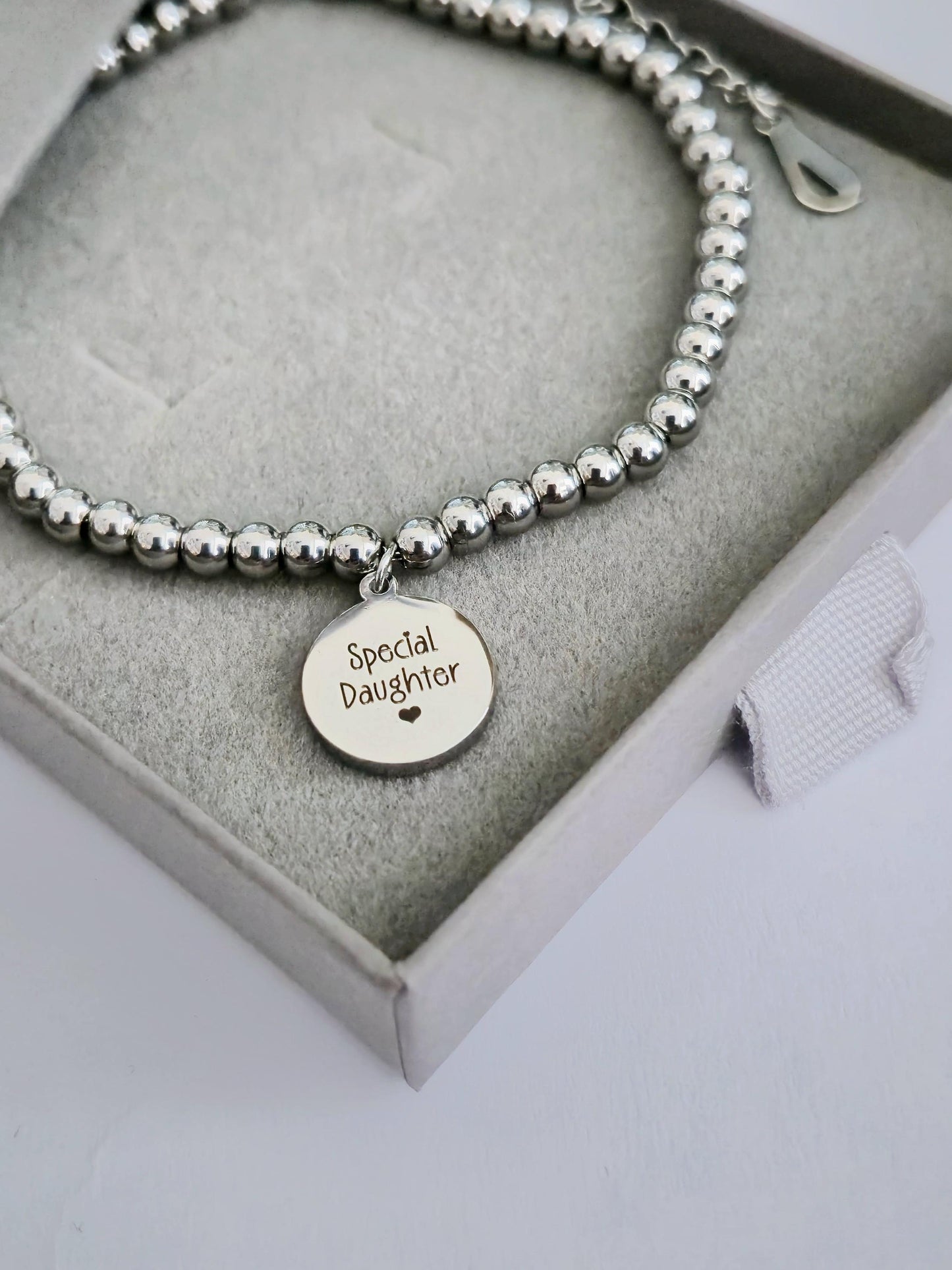 Personalised ladies 18cm beaded bracelet, with stainless steel round pendant. gift for her, ladies gifts