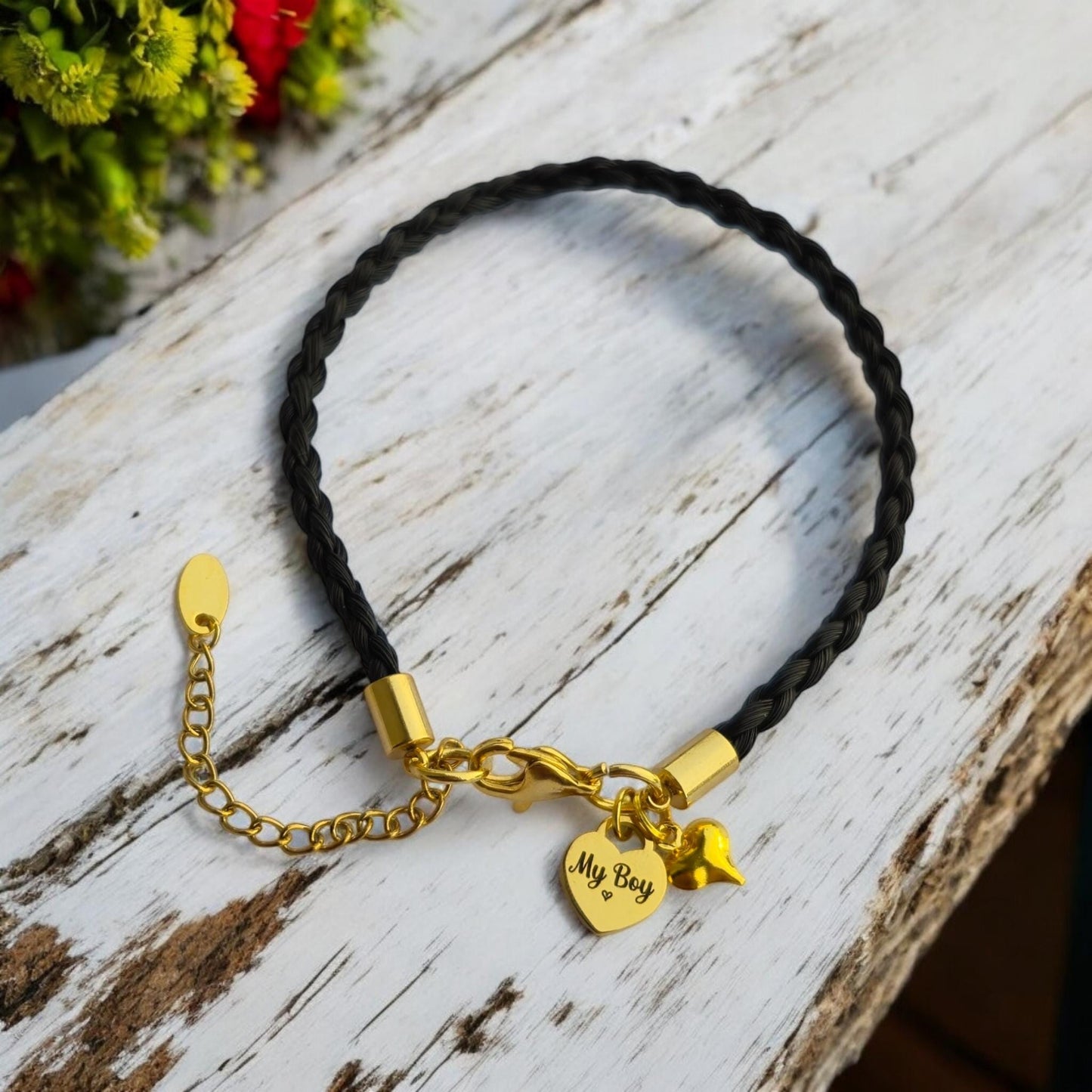 Horse hair / tail woven bracelet with engraved heart fob. ROSE GOLD stainless steel.