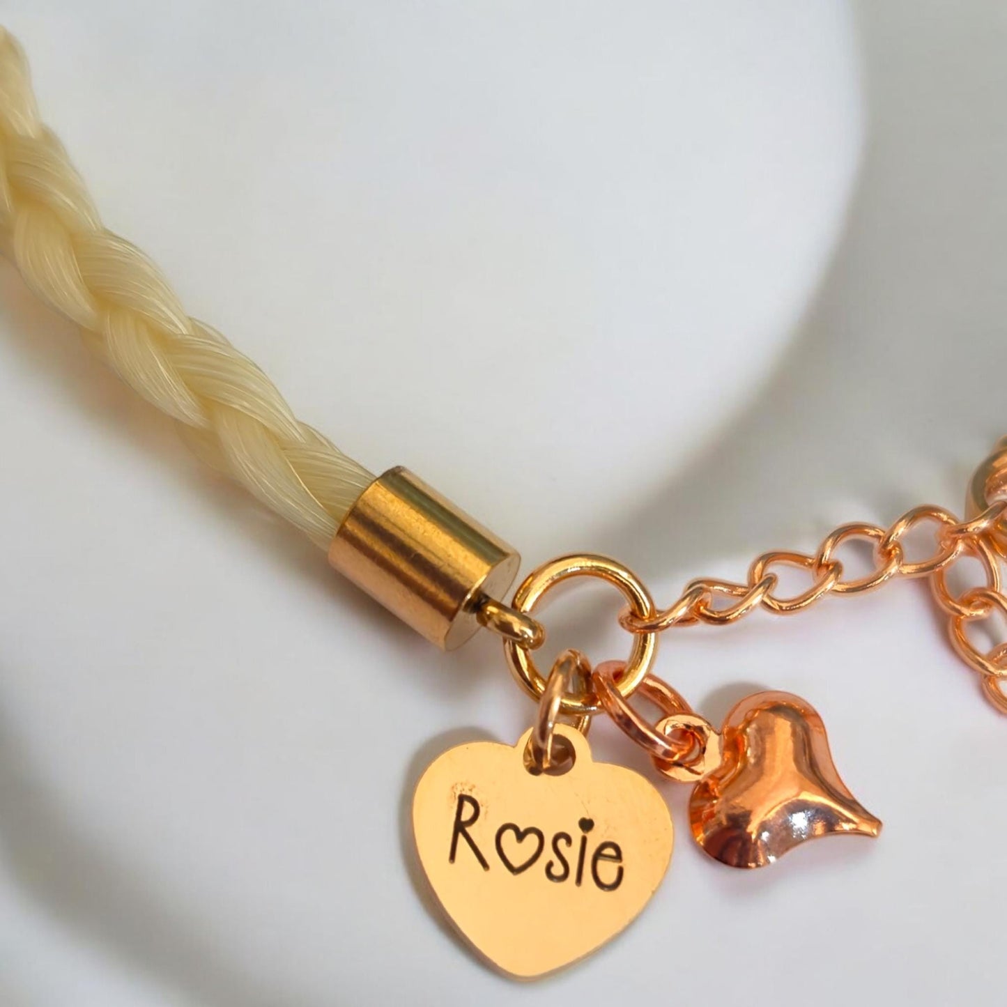 Horse hair / tail woven bracelet with engraved heart fob. ROSE GOLD stainless steel.