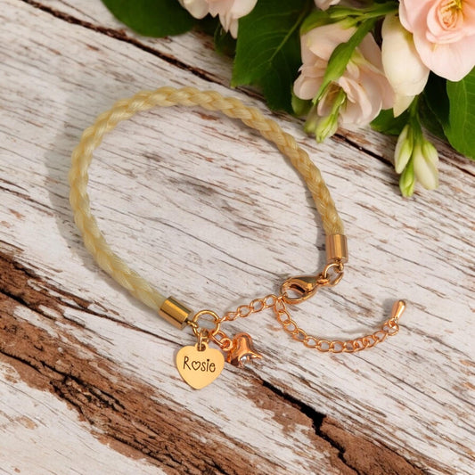 Horse hair / tail woven bracelet with engraved heart fob. ROSE GOLD stainless steel.