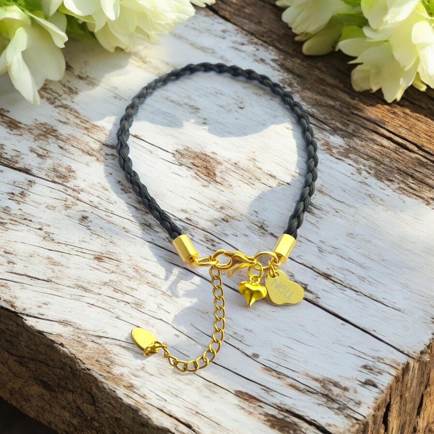 Horse hair / tail woven bracelet with engraved heart fob. ROSE GOLD stainless steel.