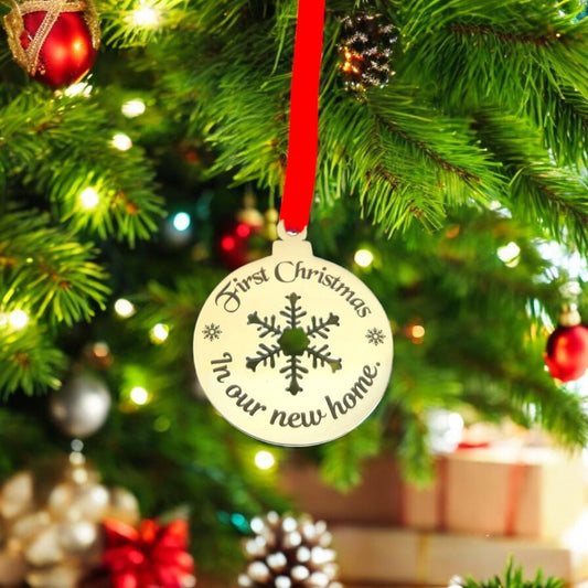 Personalised Christmas Bauble, 40mm Stainless Steel Flat Tree Decoration, Custom Engraved Ornament with Optional Ribbon Bow.