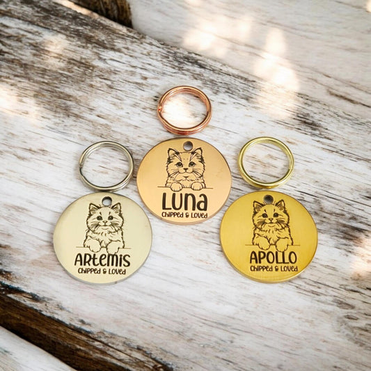 Tiny RAGDOLL 20mm or 25mm cat ID tags laser engraved,  stainless steel available in silver, gold and rose gold. Most breeds available.