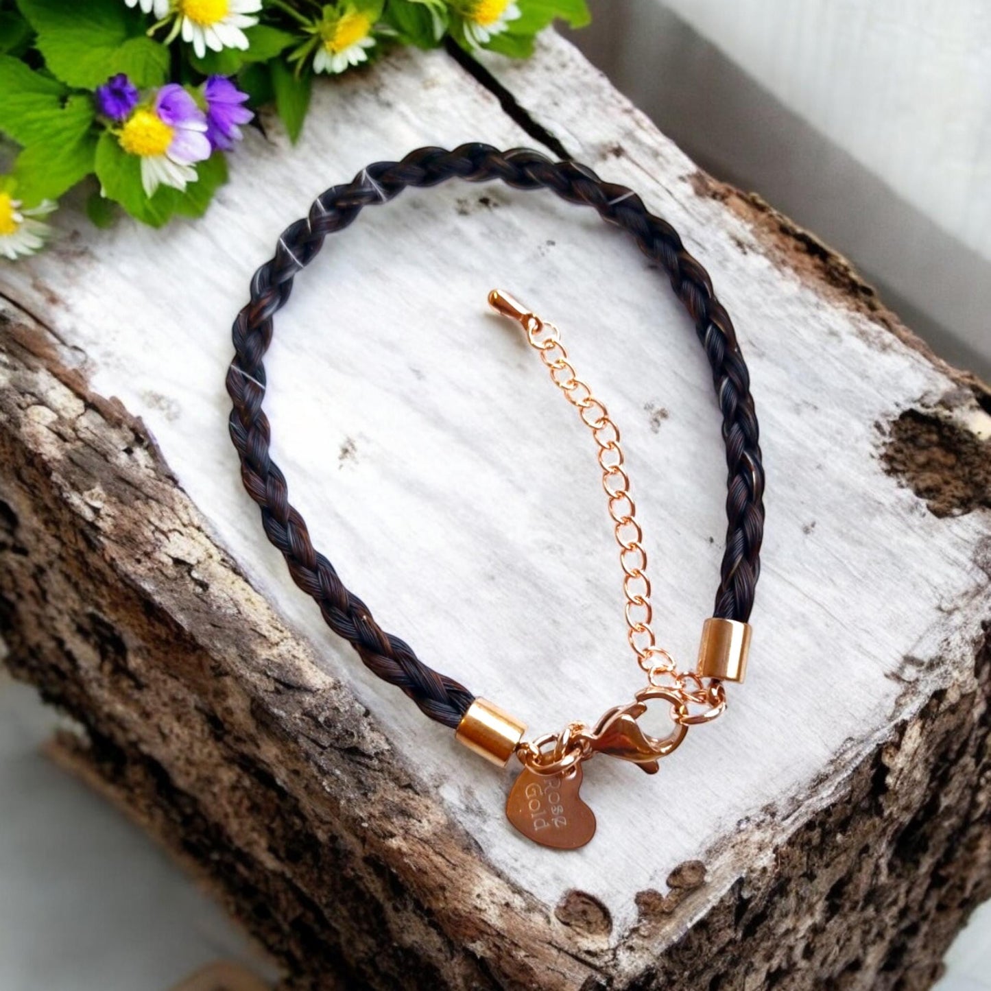 Horse hair / tail woven bracelet with engraved heart fob. SILVER STAINLESS STEEL.