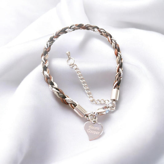 Horse hair / tail woven bracelet with engraved heart fob. SILVER STAINLESS STEEL.