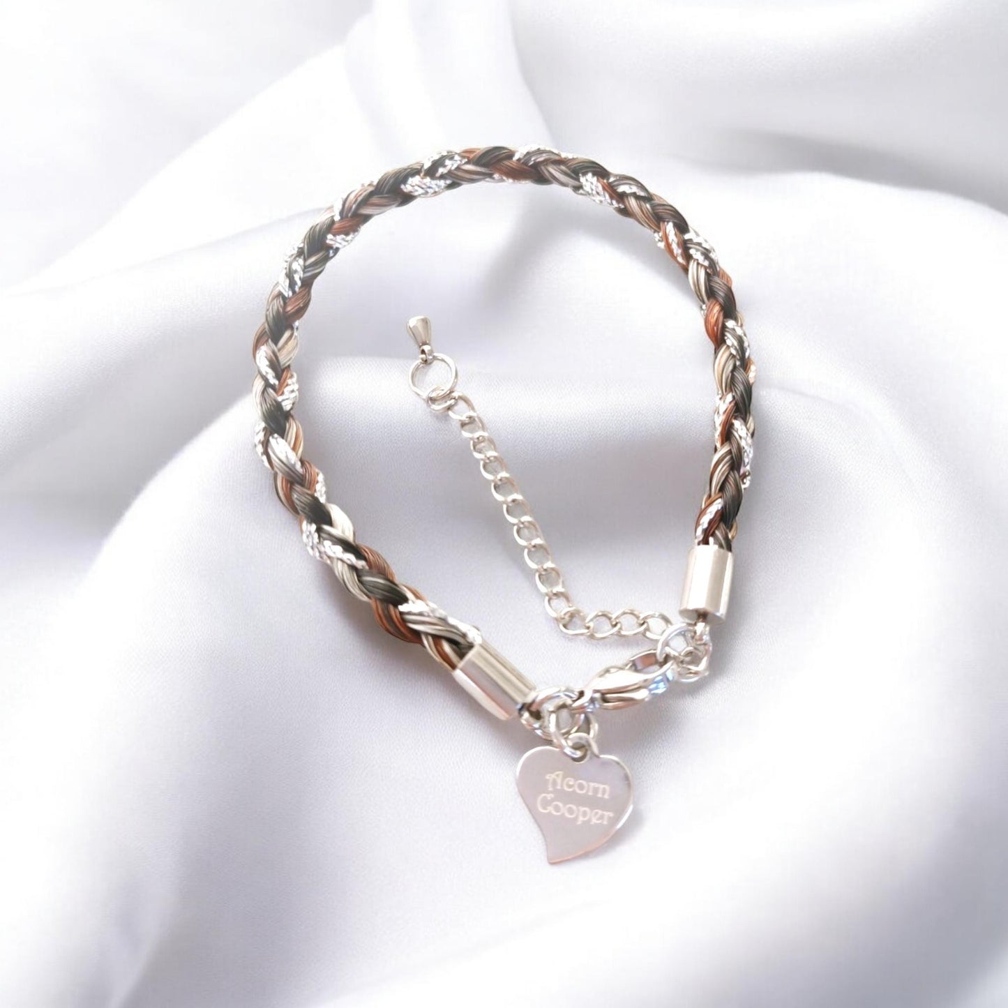 Horse hair / tail woven bracelet with engraved heart fob.