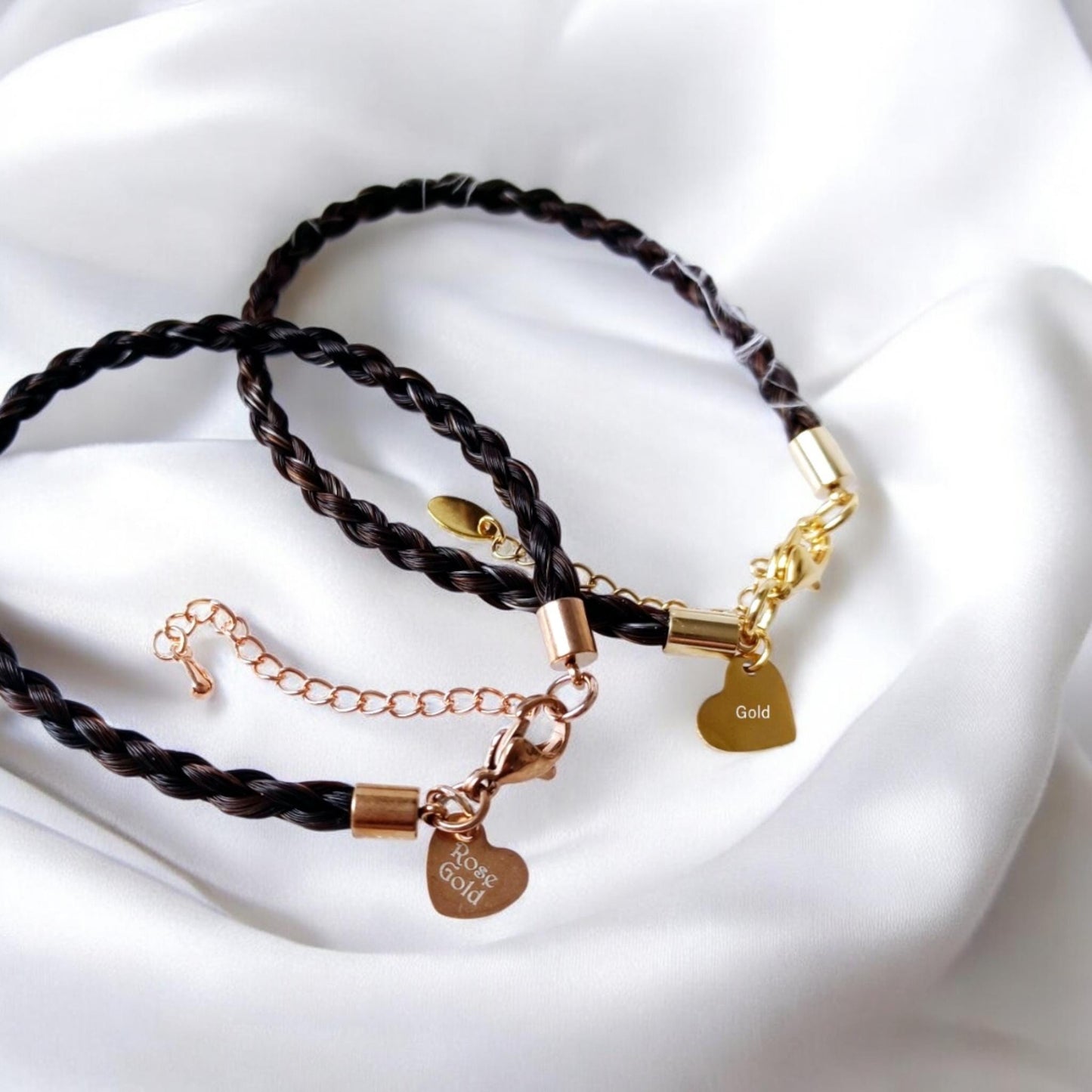 Horse hair / tail woven bracelet with engraved heart fob. GOLD stainless steel