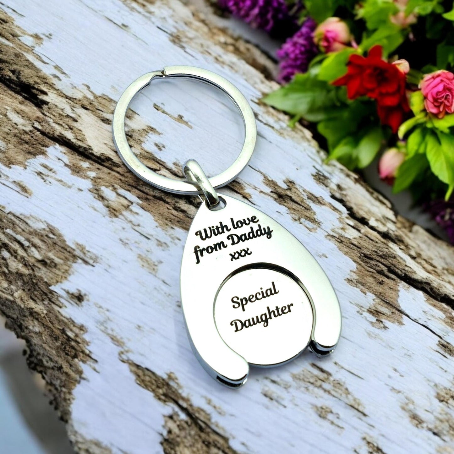 Engraved Trolley Token Keyring – Add Your Words, Funny Quote, Name, or Emergency Contact Info