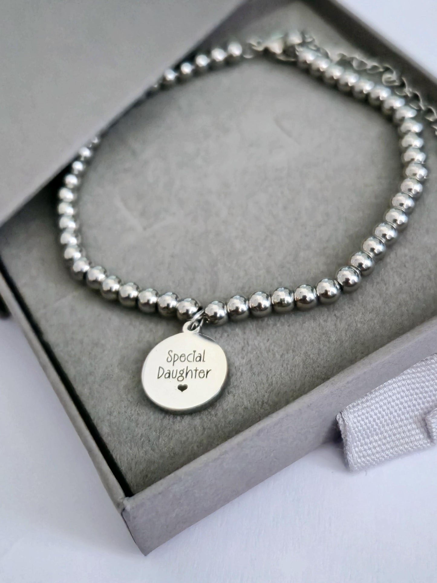Personalised ladies 18cm beaded bracelet, with stainless steel round pendant. gift for her, ladies gifts