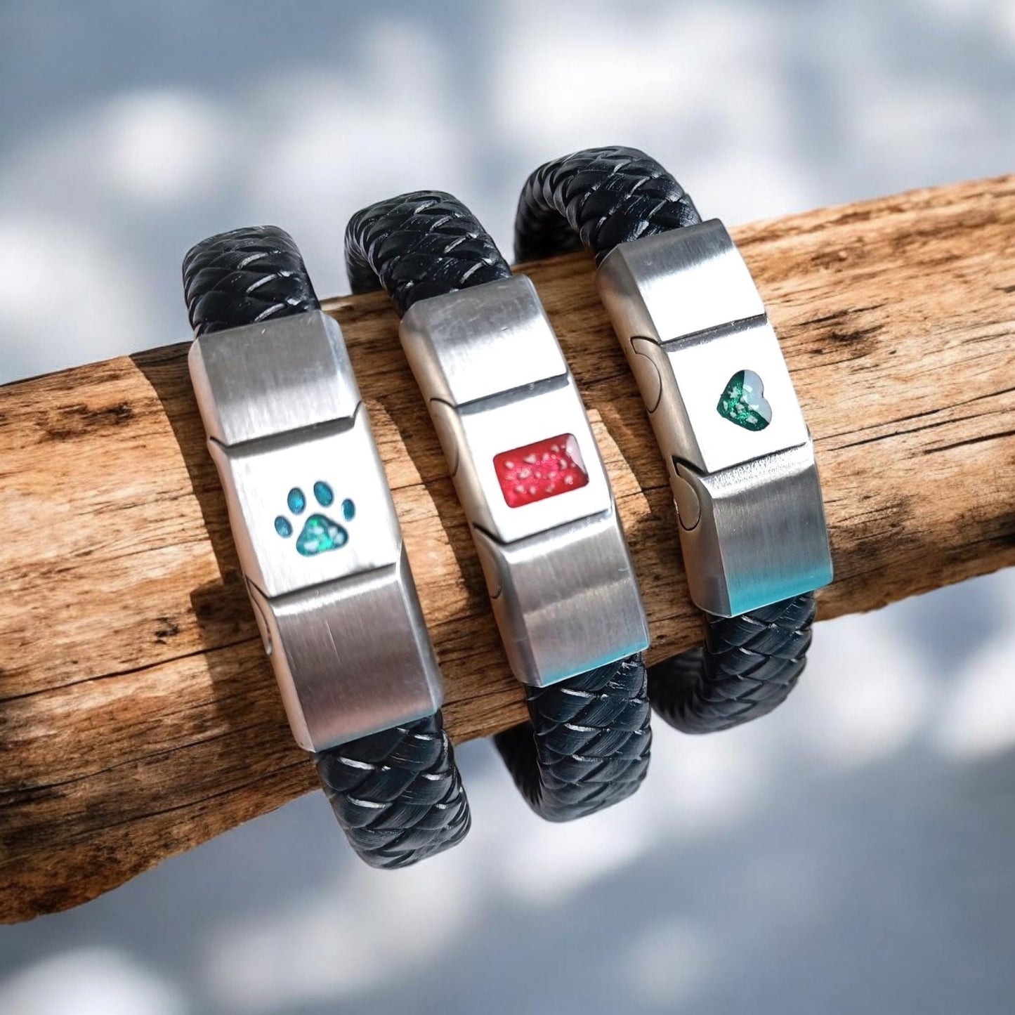 Cremation Ashes or Hair memorial leather bracelet. Engraved on the back. 40 colours to choose from. Made to measure. Unisex. Resin jewellery